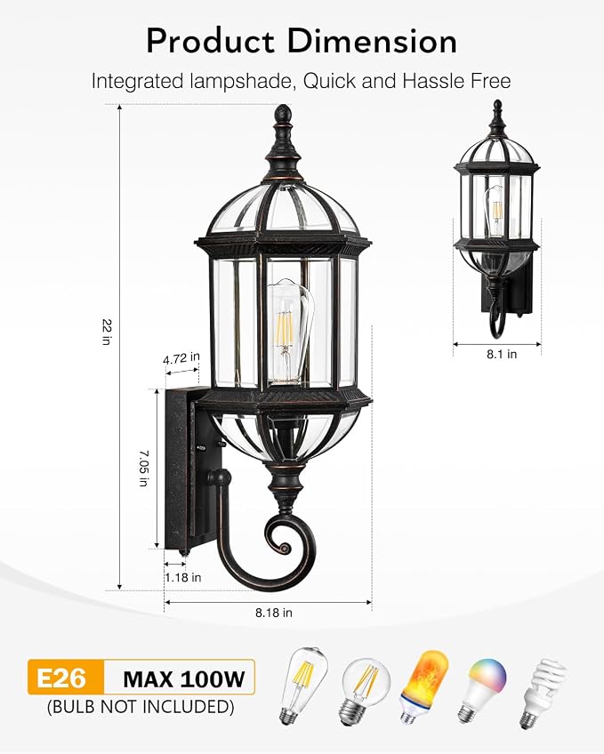 VIANIS 22" Large Dusk to Dawn Outdoor Lighting, Oil Rubbed Bronze Outdoor Wall Lights, Porch Lights Outdoor with Tempered Beveled Glass, Waterproof Exterior Lighting Fixtures, Classic Type