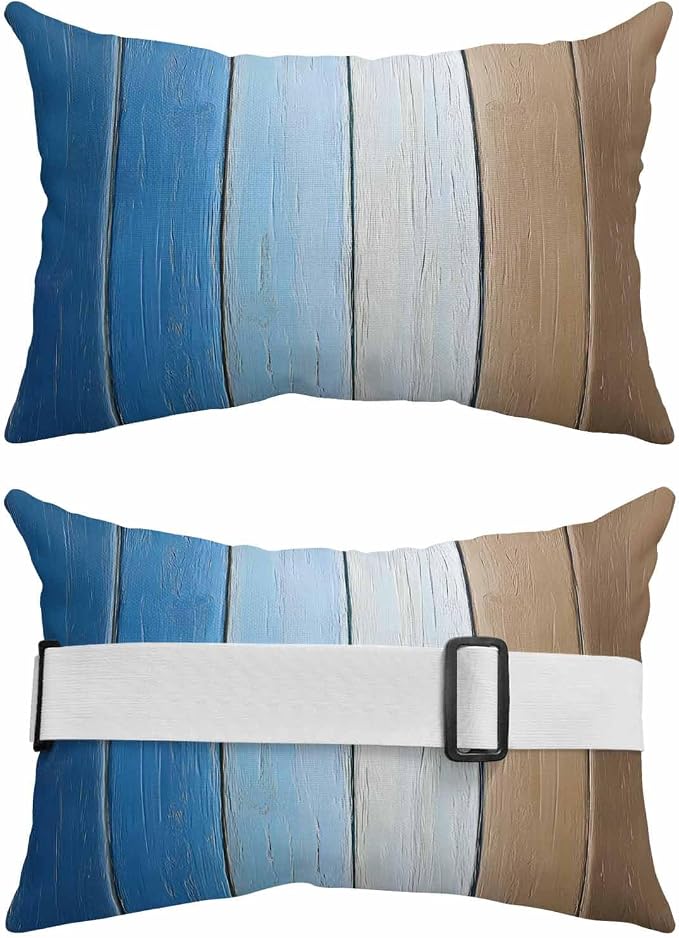 Blue Brown Outdoor Pillows for Chaise Lounge Chair Waterproof Lumbar Pillows with Insert&Strap Beach Headrest Pillow Gradient Wood Grain Farmhouse Country Recliner Neck Pillow for Patio Pool 12"x20"