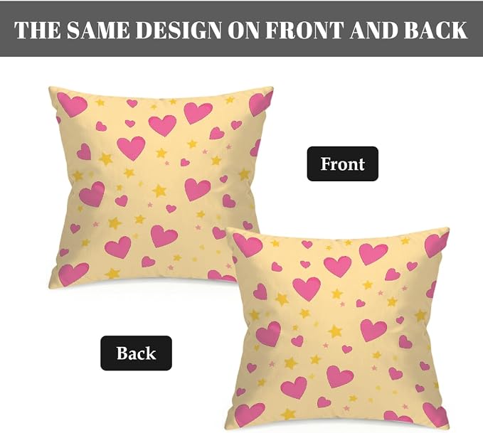 16x16 Inch Outdoor Pillow Covers Set of 2 Waterproof Throw Pillow Covers Decorative Couch Cushion Covers Pink Hearts Yellow Stars Square Pillowcases Protectors for Patio Garden Sofa