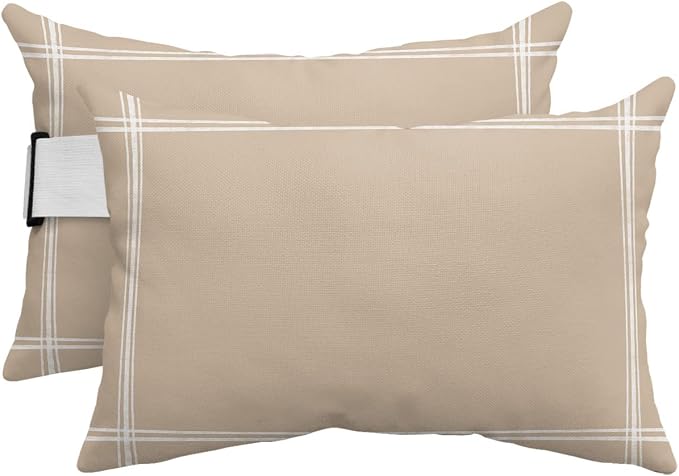 T&H XHome Outdoor Pillow for Chaise Lounge Chair, Solid Color Light Khaki Waterproof Headrest Pillow Lumbar Pillows with Insert & Adjustable Elastic Strap for Beach, Poolside, Patio, Office (2 Pack)