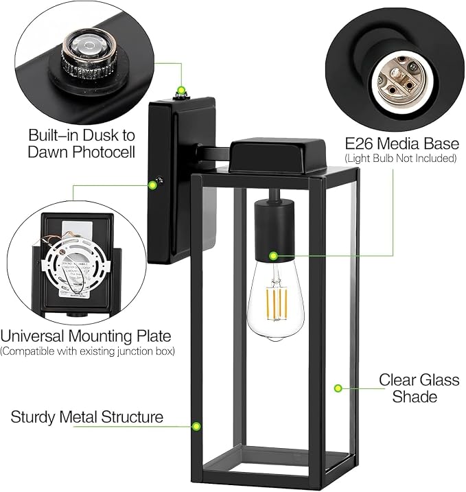 hykolity Large Outdoor Wall Lights, 16 Inch Dusk to Dawn Outdoor Lighting | Waterproof Exterior Lighting Fixtures, Anti-Rust Lantern Lamp with Glass Shade, Black Outdoor Lights for House Porch, 2 Pack