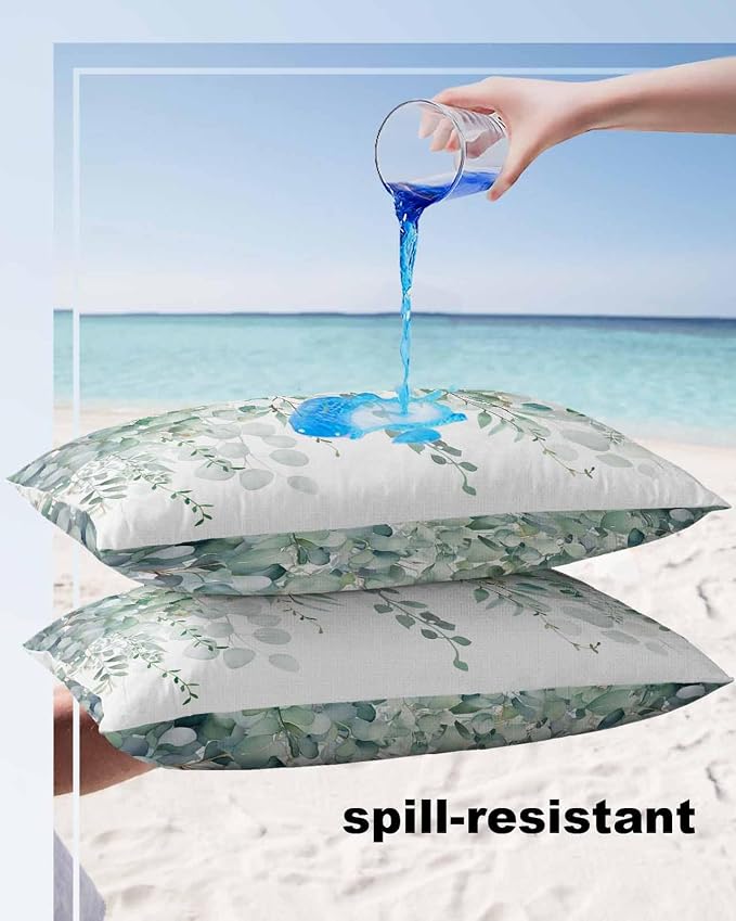 Eucalyptus Leaves Outdoor Pillow Covers Pack of 2, Watercolor Green Plants Waterproof Pillow Covers Seasonal Spring Summer Throw Pillowcase for Patio Funiture Garden Tent, 12 x 20 inch