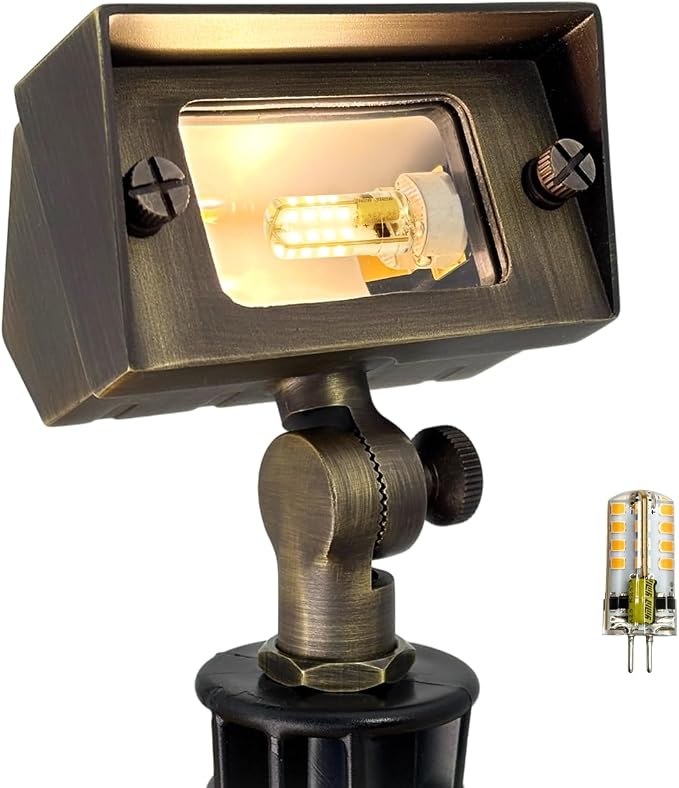 COLOER Brass Small Rectangular Flood Lights Outdoor with 3W 2700K Warm White LED G4 Bulb, 12V Low Voltage Landscape Outside Lights for House Illuminating Signs, Walls and Plant Material
