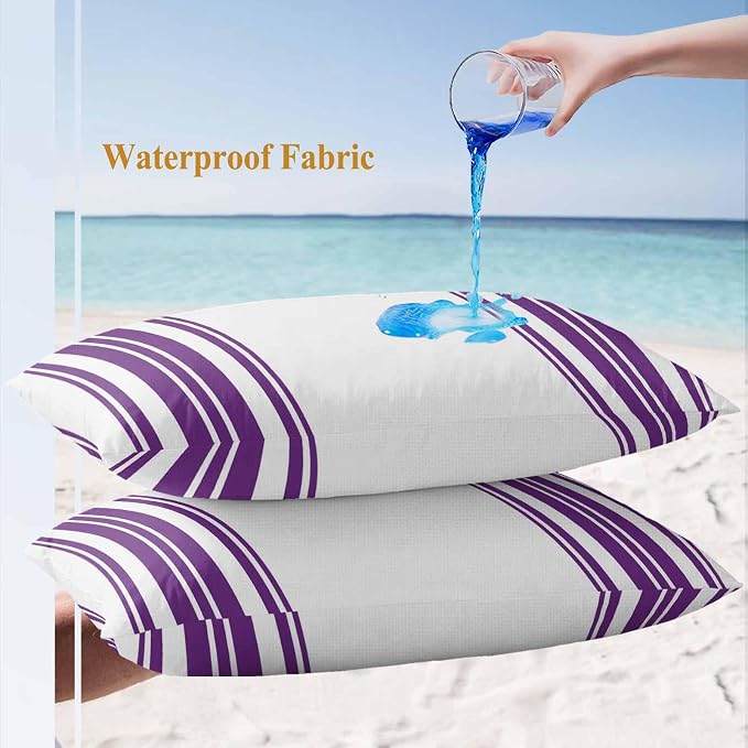 Outdoor Waterproof Throw Pillow Covers Set of 2 Purple Stripes Lumbar Pillowcases 20x12 Inches White Vertical Striped Decorative Pillows Cushion Case Patio Pillows for Couch Bed Chair Garden