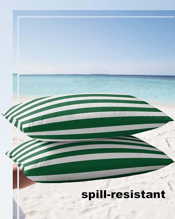 Outdoor Throw Pillow Cover Green White Geometric Striped Waterproof Cushion Covers 2 Pack Xmas Color Striped Pillow Cases Home Decoration for Patio Garden Couch Sofa 20x12In