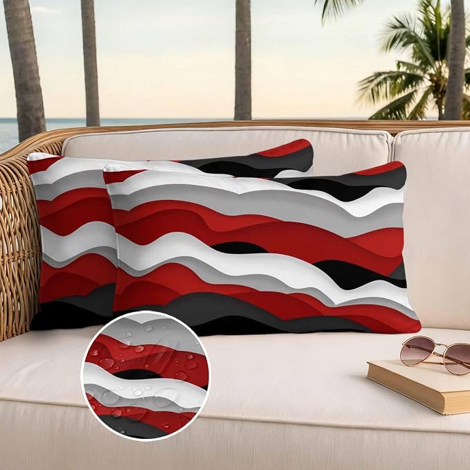 Ocean Waves Outdoor Waterproof Throw Pillow Covers Set of 2, 20"x12", Black Red Wave Gradient Decorative Pillow Covers Outside Cushion Case for Patio Porch Garden