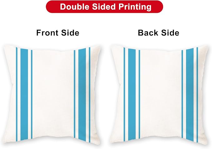 ONWAY Outdoor Pillow Covers Waterproof 20x20 Set of 2 Decorative Linen Throw Pillow Cover Beige and Blue Striped Outdoor Pillows for Patio Furniture
