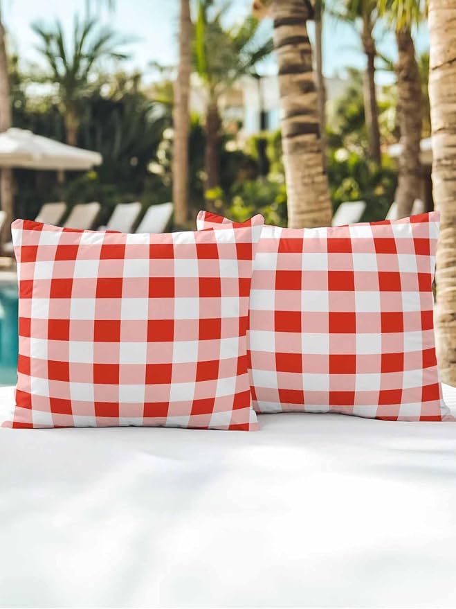Waterproof Outdoor Pillow Set of 2 Red Buffalo Plaid Decorative Throw Pillows Cover & Insert 16x16 Inch Pillowcase Check Lines Square Pillows for Couch Sofa Bed Patio Furniture Indoor Outdoor