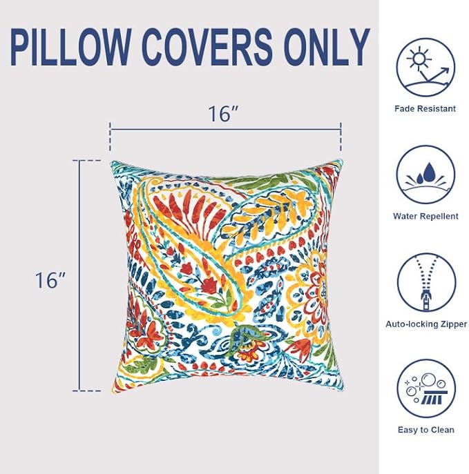 Outdoor Throw Pillows 16x16 Inch, Water Repellent Patio Pillows with Inners Set of 2 for Patio Furniture Home Garden, Paisley Multi