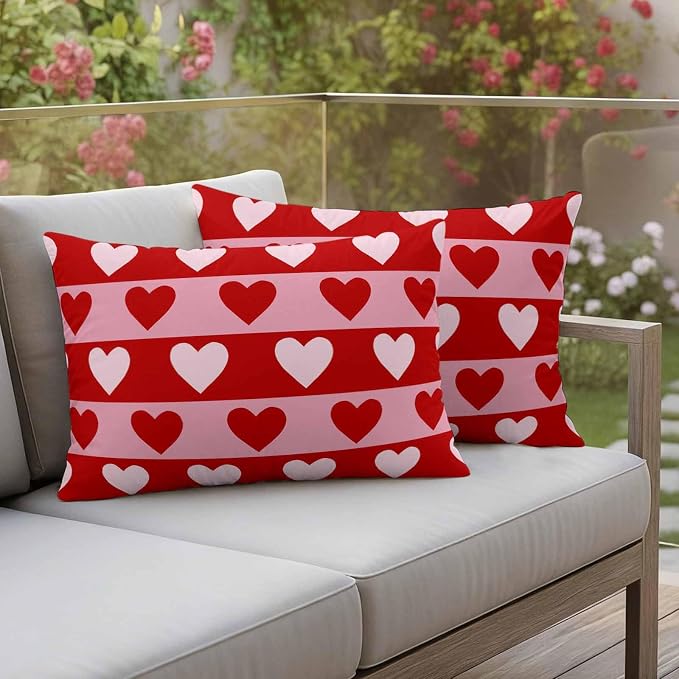 Outdoor Waterproof Throw Pillow Covers, Valentine's Day Decorative Pillow Cases, Romantic Pink Red Love Heart Stripes Couch Pillow Protector Patio Sofa Cushion Covers Replacement 20"x12" 2 Pack
