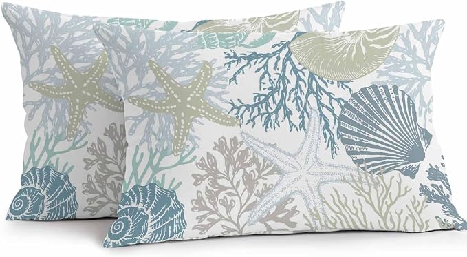 Blue Coral Coastal Waterproof Outdoor Pillow Covers 20''x12'' Set of 2, Starfish Conch Patio Furniture Summer Cushion Covers for Chairs, Decorative Beach Ocean Pillow Cases for Garden/Pool/Beach