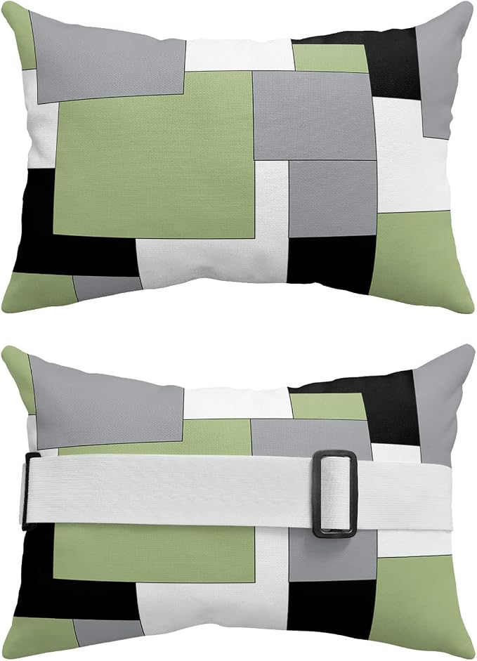 Outdoor Pillows Covers with Inserts Abstract Art Green Black Gray Splice Waterproof Recliner Pillow with Adjustable Strap Throw Pillows for Patio Furniture Pool Lounge Chair, 11x16 inch, 2PCS