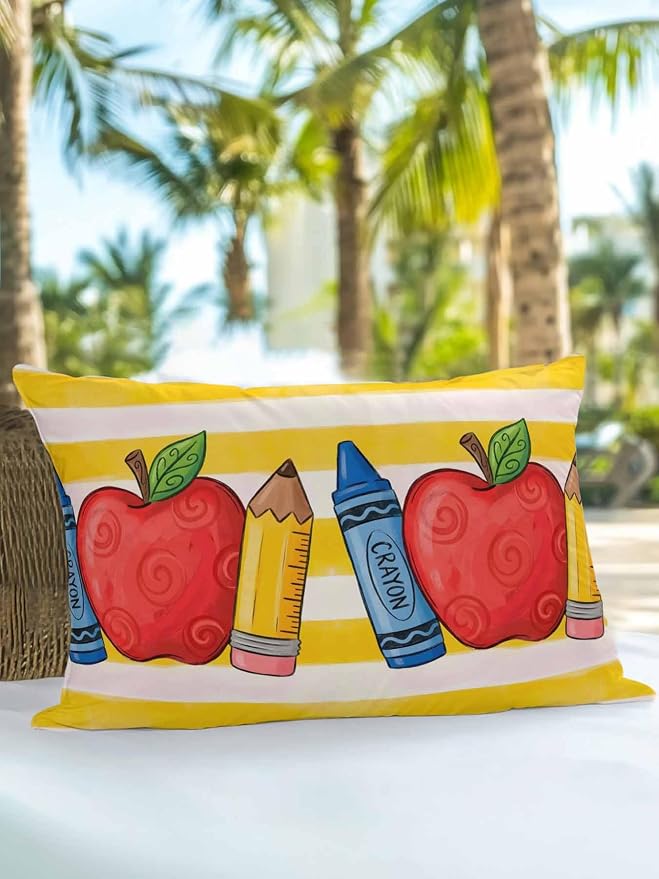 1 Pack Outdoor Throw Pillow, Children's Day Waterproof Pillow with Insert Included, Funny Cartoon Pencil Yellow Striped Decorative Accent Cushion Lumbar Pillows for Patio Porch, 12 x 20 in