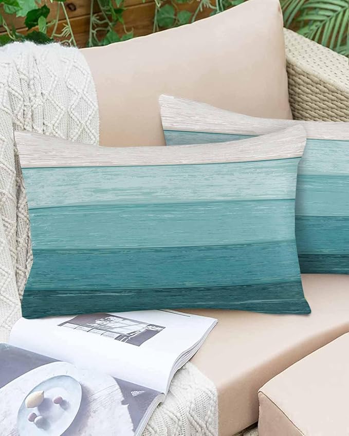Outdoor Waterproof Throw Pillows Farmhouse Turquoise Wood Grain Patio Pillows Pack of 2,Decorative Pillow Covers with Insert,Pillow Cushion Case for Garden Couch Sofa Farm Rustic Gradient Stripes