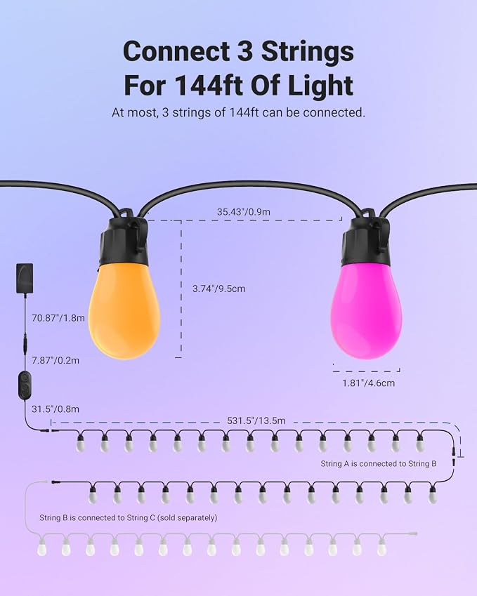 NEEWER 96ft Outdoor String Lights, App Control Smart AI RGB IC W Hanging Outside Warm White Patio Balcony Backyard Lighting, IP65 Waterproof, 30 LED Bulbs,50+ Scenes, Compatible with Alexa Google,NR01