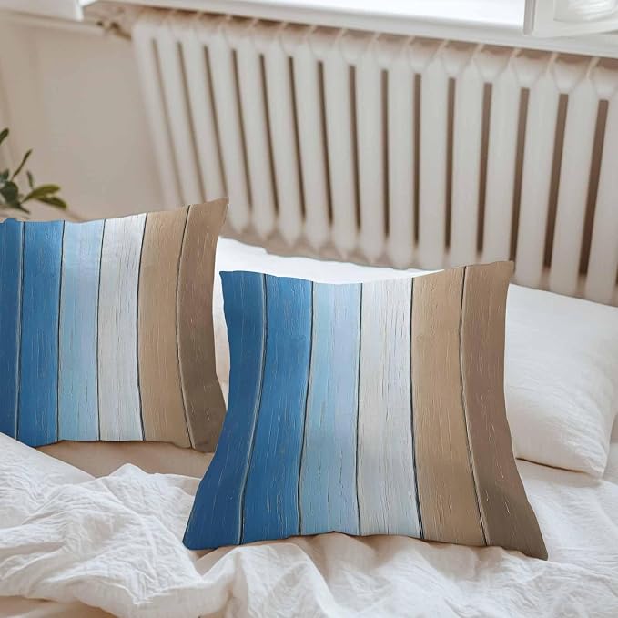 Throw Pillow Covers 24x24 Inch Set of 2, Blue Brown Waterproof Outdoor Cushion Covers, Gradient Wood Grain Farmhouse Country Decorative Pillowcases for Couch, Sofa, Bed, Garden, Patio
