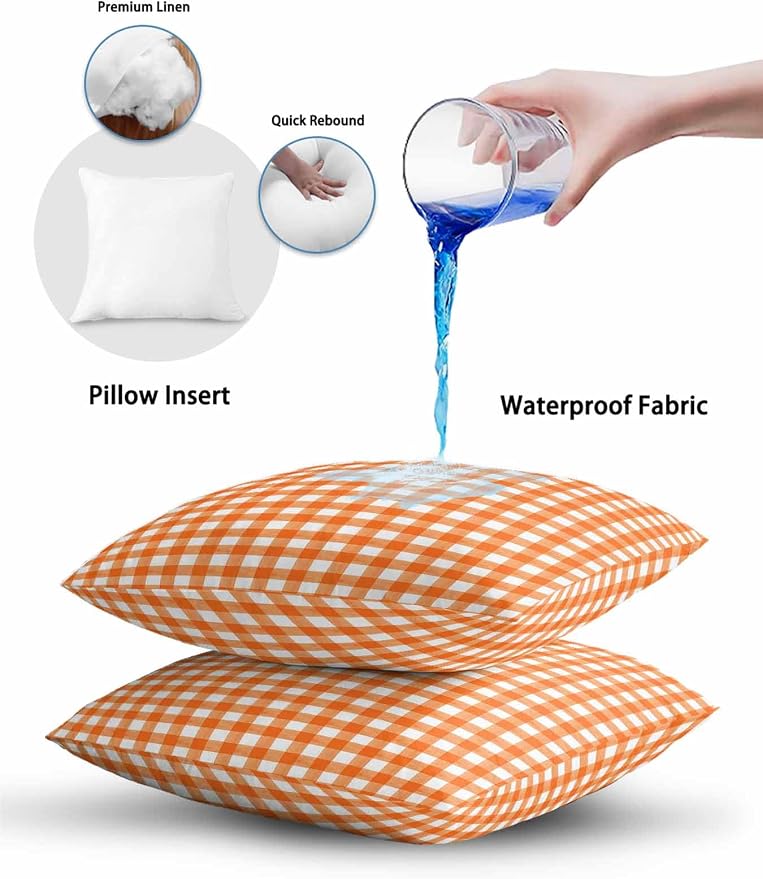 Outdoor Waterproof Throw Pillows Orange Buffalo Plaid Patio Pillows,Decorative Pillow Covers with Insert,Pillow Cushion Case for Garden Couch Sofa Classic Gingham Check Watercolor