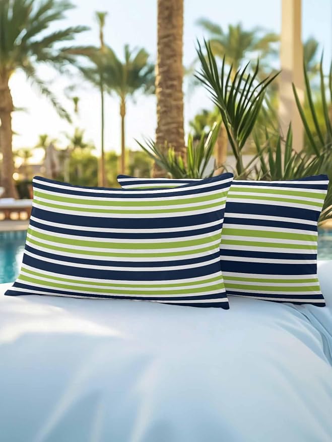 Outdoor Waterproof Throw Pillows Navy Blue Green Stripe Patio Pillows Pack of 2,Decorative Pillow Covers with Insert,Pillow Cushion Case for Garden Couch Sofa White Line