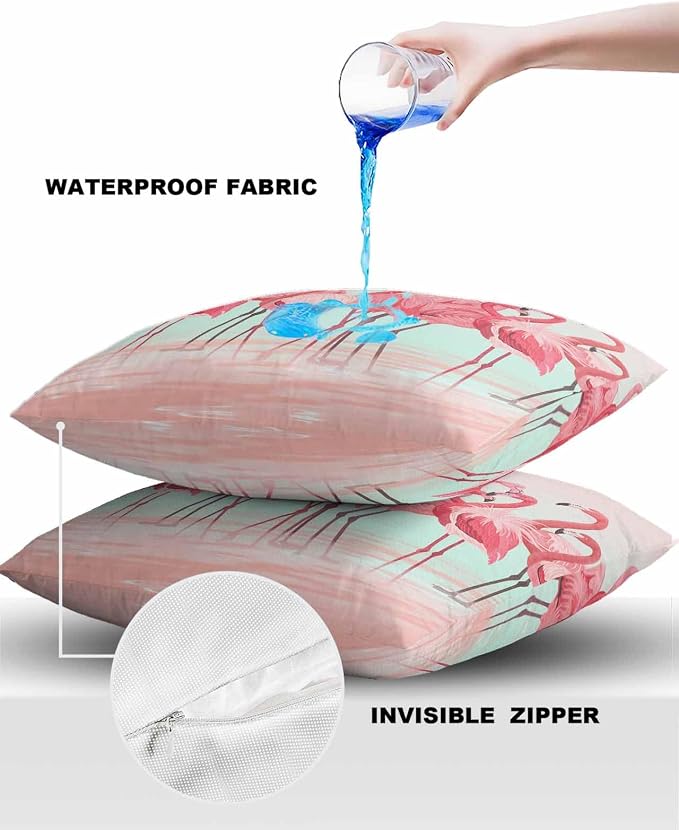 Outdoor Waterproof Throw Pillow Covers Set of 2 Pink Flamingo Pillowcases 16x16 Inches Tropical Animal Ombre Teal Patio Decorative Pillows Cushion Case Patio Pillows for Couch Bed Chair Garden