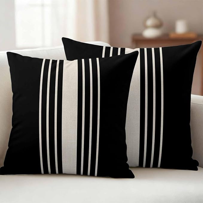 Black Beige Striped Outdoor Pillow Covers 26x26 Inch Throw Pillow Covers Set of 2 Waterproof Decorative Pillow Cases Modern Farmhouse Retro Lines Cushion Covers for Patio Furniture Garden Couch Sofa