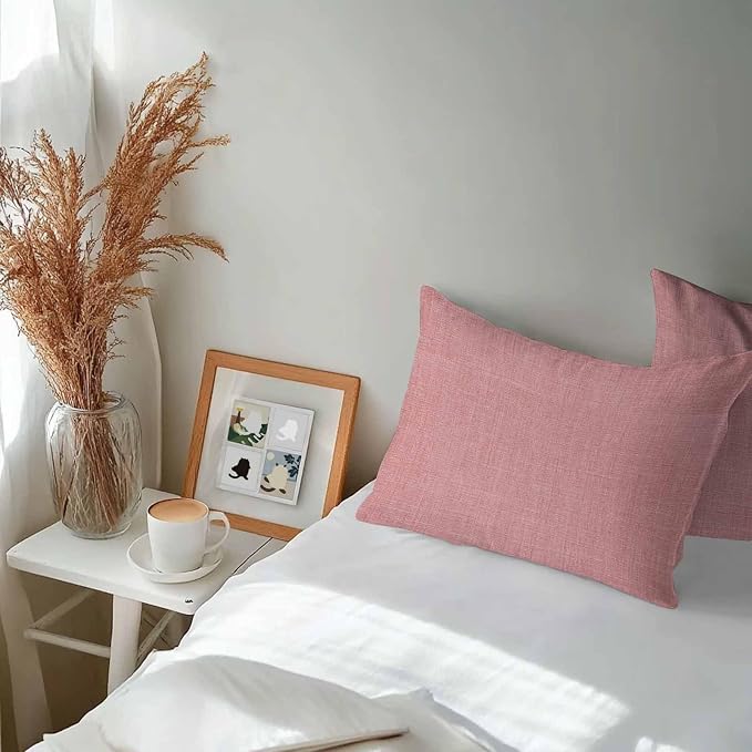 Vandarllin Outdoor Throw Pillows Covers 20x12 inch Set of 2 Waterproof Peach Pink Linen Decorative Zippered Cushion Covers for Patio Furniture, Farmhouse Pure Color Lumbar Pillowcases