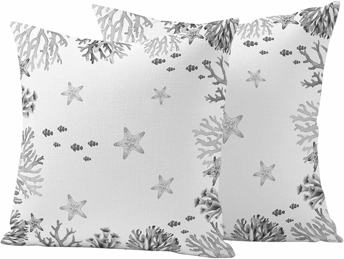 Summer Ocean Grey Coral Outdoor Waterproof Throw Pillow Covers Set of 2, 18"x18", Nautical Sea Watercolor Fish Starfish Decorative Pillow Covers Outside Cushion Case for Patio Porch Garden