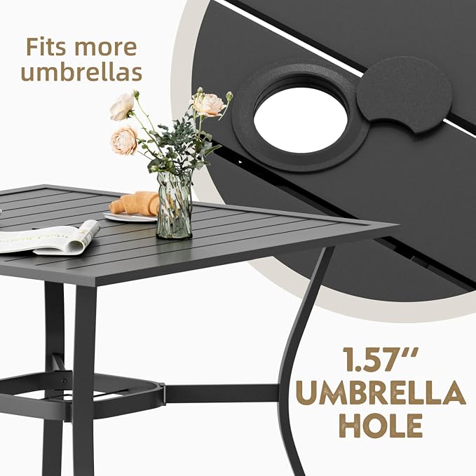 MELLCOM 37''x37'' Outdoor Dining Table for 4, Metal Patio Dining Table with 1.57'' Umbrella Hole and Adjustable Feet, All-Weather Black Square Table for Porch, Garden, Backyard, Poolside