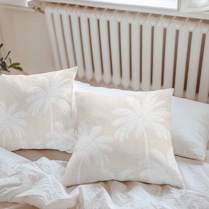 Outdoor Pillow Covers 20x20 Inch Set of 2, Cream Palm Trees Waterproof Throw Pillow Covers, Farmhouse Tropical Summer Beach Decorative Cushion Pillowcases for Couch, Sofa, Bed, Garden, Patio