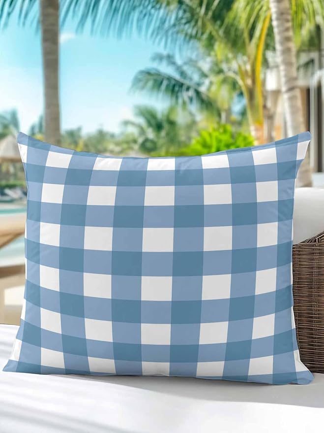 Waterproof Outdoor Pillow 1 Pack Buffalo Plaid Decorative Throw Pillows Cover & Insert 18x18 Inch Pillowcase Blue Check Lines Square Pillows for Couch Sofa Bed Patio Furniture Indoor Outdoor