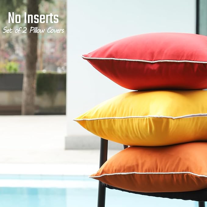 JOJOGOGO Red Outdoor Waterproof Sun Fade Resistant Lumbar Pillow Covers 12x20 Set of 2, Winter Christmas Red Lumbar Pillows 12 x 20 for Couch Porch Patio Furniture (with White Piping)