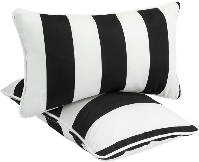 FUNHOME Outdoor Lumbar Pillows for Patio Furniture,12x20 Inch Decorative Pillows Set of 2 with Insert,Hidden Zipper Water Resistant Headrests for Sofa Couch Chair(Black White Stripe)