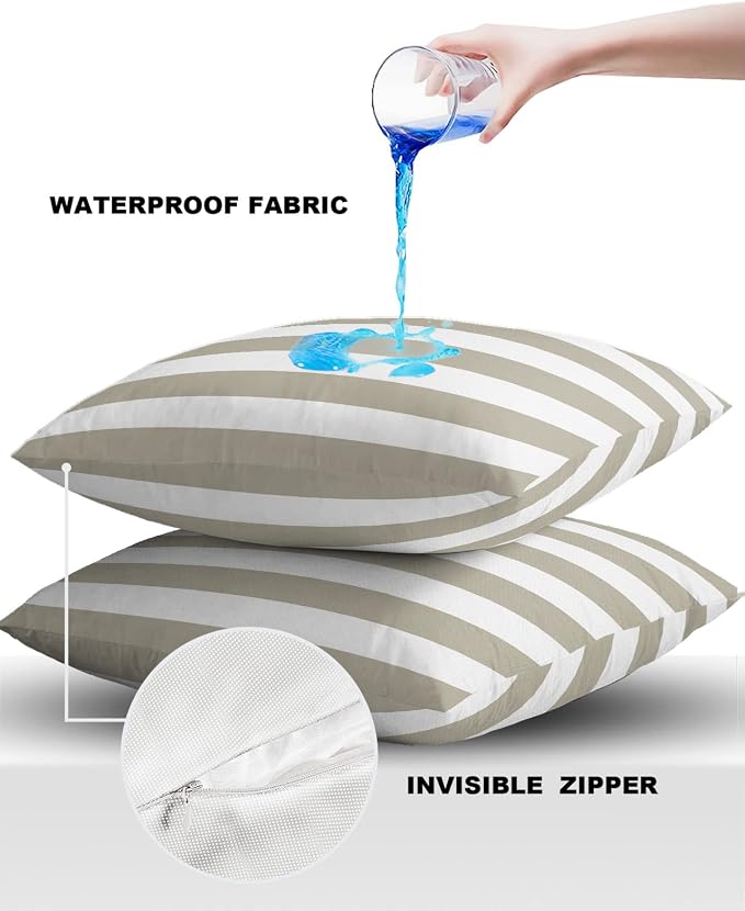 Outdoor Waterproof Pillow Covers for Patio Furniture Solid Striped Decorative Throw Pillow Cover Beige Pillowcases Set of 2 Cushion Case for Sofa Couch Chair Home Decor 18 x 18 Inches