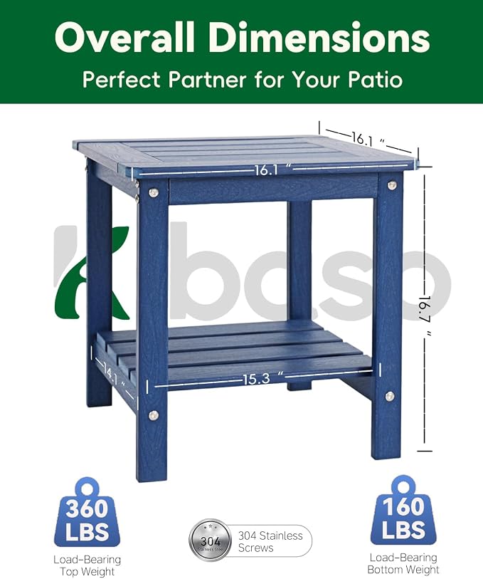 Kibaso-Adirondack Outdoor Side Table, 2-Tier HDPE Outdoor End Table, Weather Resistant Easy Maintenance, Small Patio Side Table for Patio, Pool, Porch, Garden, Lawn, and Living Room (2, Blue)