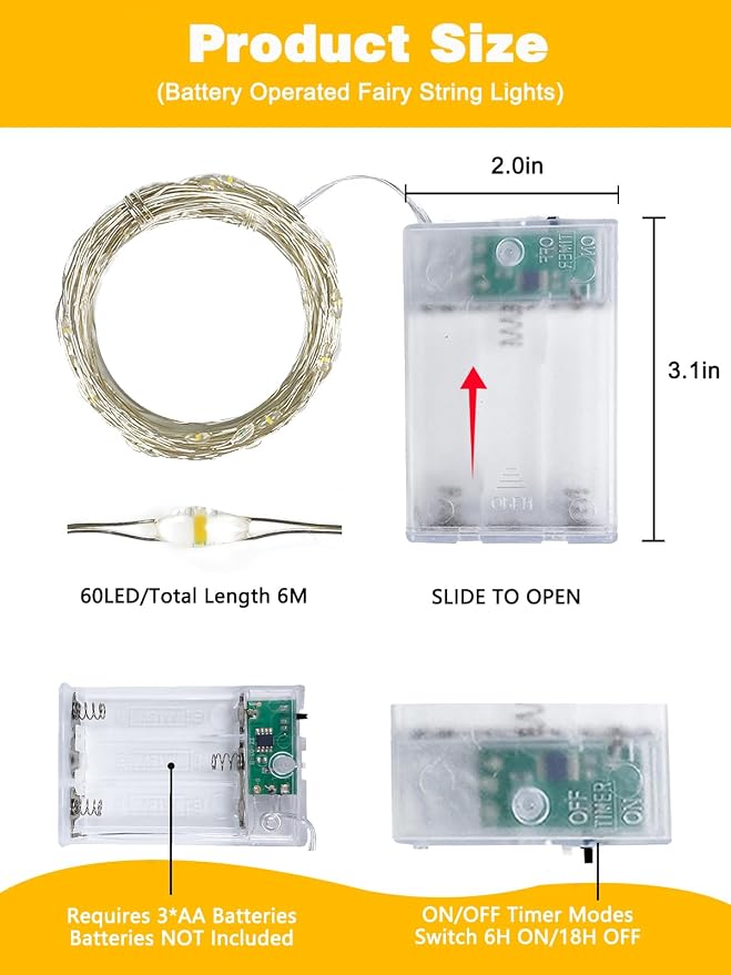 4 Pack 60 LED Fairy Lights Battery Operated with Timer, 20 FT String Lights | Cuttable Copper Wire, Waterproof Battery Lights for Indoor Outdoor, Wedding, Centerpiece, Bedroom, DIY, Christmas Decorations