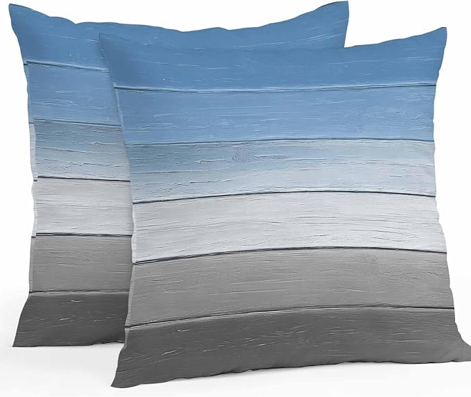 Blue Gray Outdoor Pillow Covers 16x16 Inch Throw Pillow Covers Set of 2 Waterproof Decorative Pillow Cases Vintage Farmhouse Gradient Wooden Grain Art Cushion Covers for Patio Furniture Garden Couch