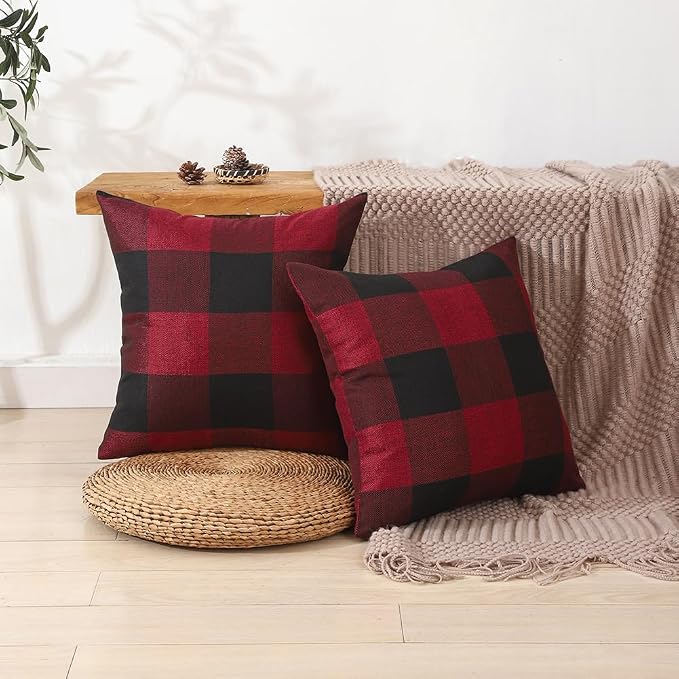CARRIE HOME Red and Black Christmas Checkered Throw Pillow Covers 16x16 Set of 2 Outdoor Christmas Farmhouse Decor Pillows 16 x 16 for Patio Deck and Couch Sofa (No Pillow Inserts)
