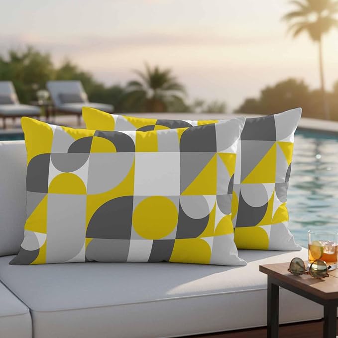 Mid Century Outdoor Waterproof Throw Pillow Covers Set of 2, 20"x12", Yellow Grey Abstract Retro Geometric Modern Decorative Pillow Covers Outside Cushion Case for Patio Porch Garden