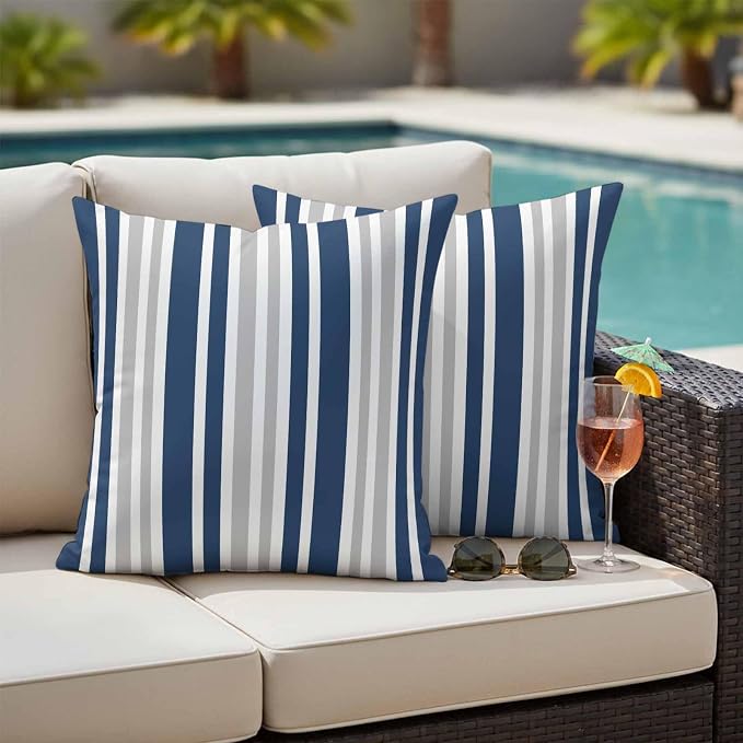 Navy Blue Grey Stripe Outdoor Pillow Covers 24x24 Inch Throw Pillow Covers Set of 2 Waterproof Decorative Pillow Cases Farmhouse Minimalist Striped Cushion Covers for Patio Furniture Garden Couch Sofa