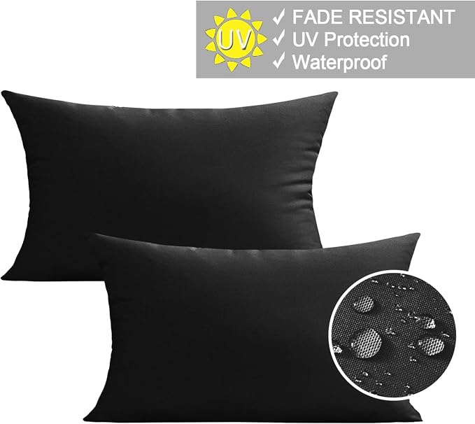 VAKADO 12x20 Lumbar Outdoor Waterproof Black Throw Pillow Covers Set of 2 Decorative Tender Green Outside Patio Furniture Cushion Cases Decor for Garden Bench Porch Couch Tent Sunbrella