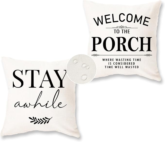 Welcome to Our Porch Stay Awhile Waterproof Outdoor Pillow Covers 18x18 Set of 2 Farmhouse Patio Furniture Decorations for Outside Garden Decor