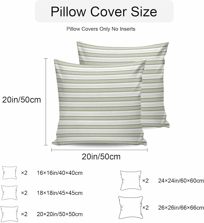 Boho Sage Green Stripe Waterproof Outdoor Pillow Covers Set of 2 Home Decor, Abstract Geometric White Minimalist Pillowcase Patio Pillow Covers for Couch Bench Furniture Garden 20x20in