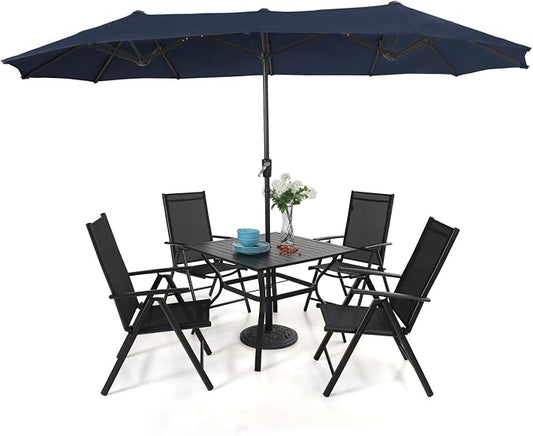 PHI VILLA Outdoor Patio Dining Set with Umbrella, Outside Table and Folding Chair Set for 4 and 1 Large Patio Table Umbrella(Navy Blue)