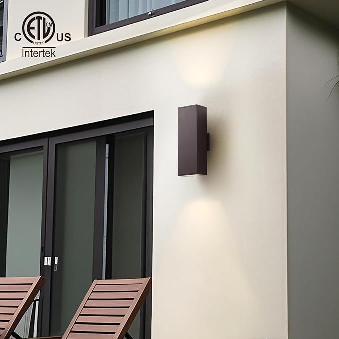 mirrea 18" Modern Outdoor Porch Light, 2 Lights, Oil Rubbed Bronze, 2 Pack | Patio wall sconce, aluminum rectangular tube, tempered glass, waterproof. Up & down lighting for outdoor wall mount fixture.