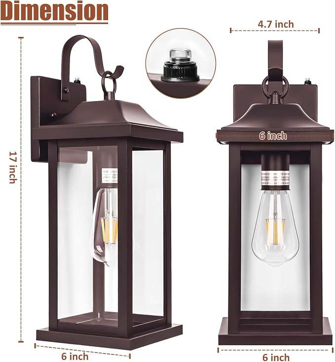 Dusk to Dawn Porch Light Outdoor Bronze 17 Inch | 1 Pack ETL Listed, Photocell Sensor Oil Rubbed Bronze Exterior Light Fixture, IP65 Waterproof Outside Wall Mounted Lamp