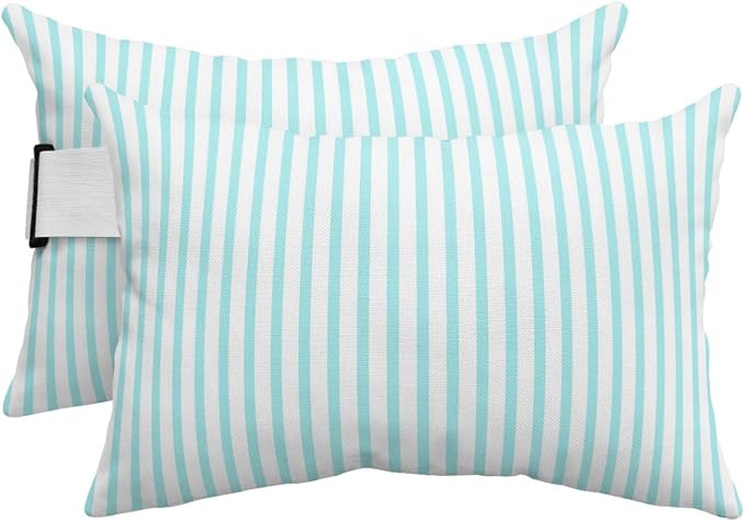 Pack of 2 Outdoor Lumbar Pillow Covers 12x20 Inch, Thin Aqua Striped Waterproof Throw Pillow Covers Set, Farmhouse Modern Stripes Indoor&Outdoor Decorative Cushion Cases for Patio Porch Car