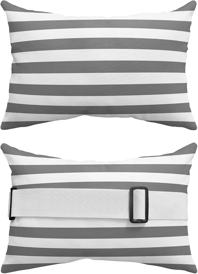 T&H XHome Outdoor Pillow for Chaise Lounge Chair, Grey and White Stripes Waterproof Headrest Pillow Lumbar Pillows with Adjustable Elastic Strap for Beach, Poolside, Patio, Office (2 Pack)