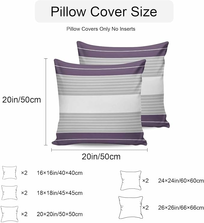 Purple Grey Stripe Outdoor Pillow Covers Waterproof, All Weather Cushion Case Set of 2, Modern Art Horizontal Striped Decorative Pillowcases for Sofa Couch Bed Decor Patio Furniture 18"x18"