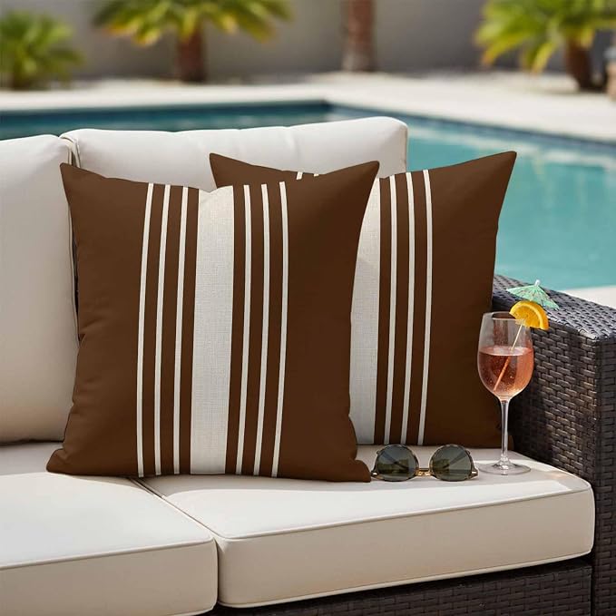 Brown Beige Striped Outdoor Pillow Covers 24x24 Inch Throw Pillow Covers Set of 2 Waterproof Decorative Pillow Cases Modern Farmhouse Retro Lines Cushion Covers for Patio Furniture Garden Couch Sofa