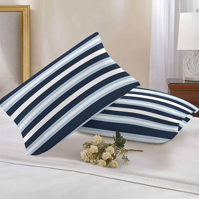 Blue Navy Striped Outdoor Pillow Covers Waterproof, All Weather Cushion Case Set of 2, Modern Ombre Abstract Lines Pattern Lumbar Pillowcase for Sofa Couch Bed Decor Patio Furniture 20"x12"
