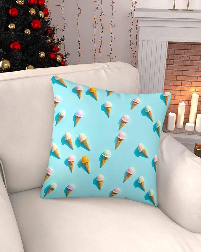 Outdoor Pillow Covers 18 x 18 Inches, Blue Ice Cream Waterproof Throw Pillow Cover Set of 2, Summer Colorful Ice Cream Home Decorative Square Cushion Covers for Patio/Tent/Couch/Garden